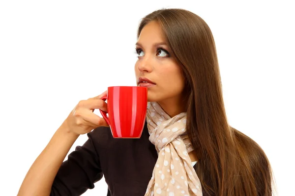 Mooie jonge vrouw met kop koffie, geïsoleerd op wit — Stockfoto