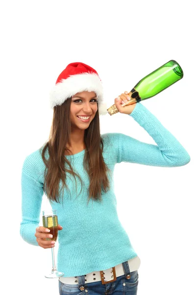 Beautiful young woman with glass of champagne, isolated on white — Stock Photo, Image
