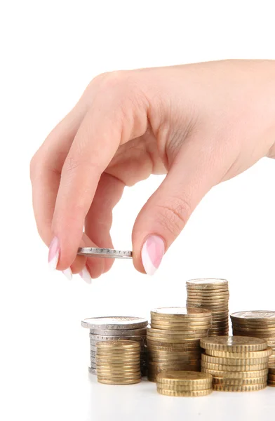 Mano de mujer con monedas, de cerca — Foto de Stock