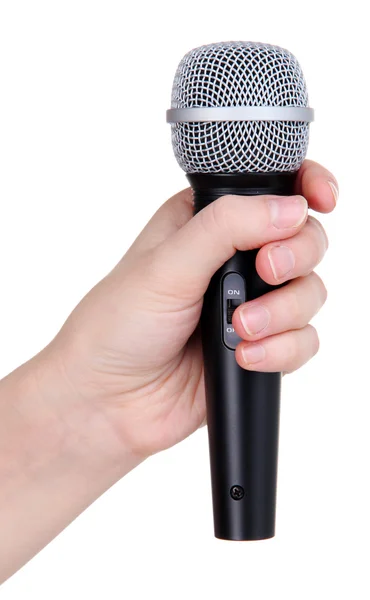 Czarny mikrofonu w ręce na białym tle — Zdjęcie stockowe