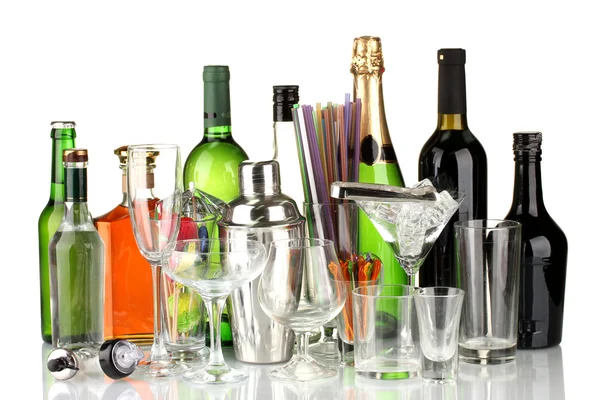 Collection of various glasses and drinks isolated on white — Stock Photo, Image