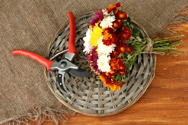 Secateurs with flowers on sackcloth on wooden background — Stock Photo, Image