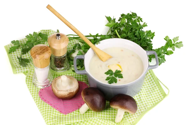 Mashed potatoes in saucepan with ingredients isolated on white — Stock Photo, Image