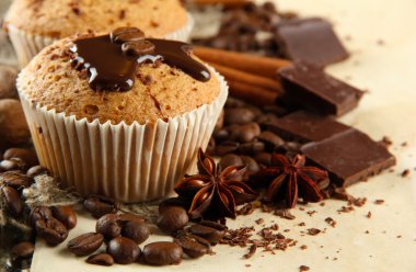 tasty muffin cakes with chocolate, spices and coffee seeds, close up clipart