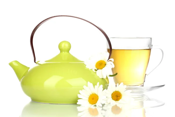 Teapot and cup with chamomile tea isolated on white — Stock Photo, Image