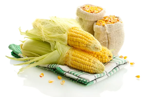 Свіжа кукурудза та мішки з сухою кукурудзою, ізольовані на білому — стокове фото