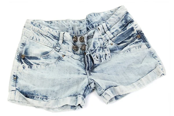 Fashion blue denim shorts close-up isolated on white — Stock Photo, Image