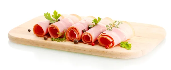 Tasty bacon with spices on wooden cutting board, isolated on white — Stock Photo, Image