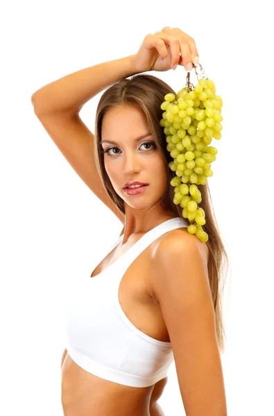 Beautiful young woman with grape, isolated on white — Stock Photo, Image