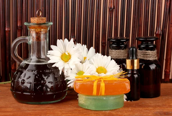 Ingredients for soap making on brown background — Stock Photo, Image