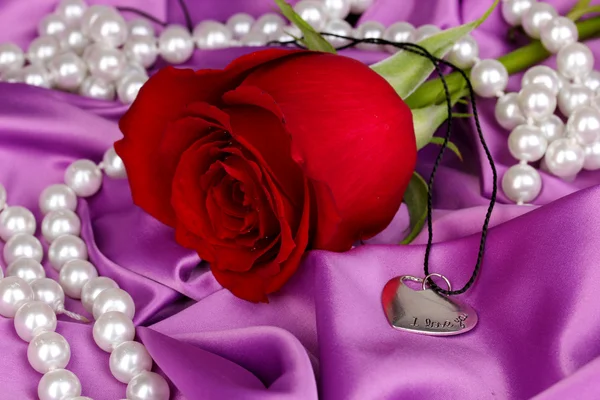 Přívěsek srdce s červenou růží — Stock fotografie