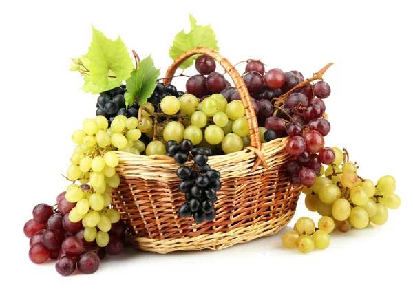 Assortiment van rijp zoete druiven in mand, geïsoleerd op wit — Stockfoto
