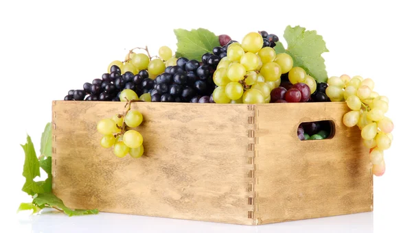 Assortment of ripe sweet grapes in wooden crate, isolated on white — Stock Photo, Image