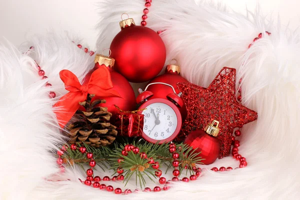 Christmas decoration with clock in white fur — Stock Photo, Image