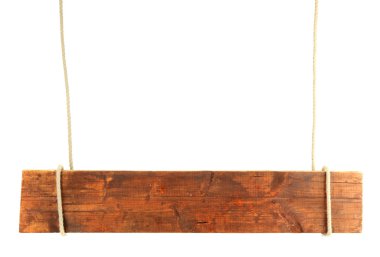 Boş tahta işaret üzerine beyaz izole ip asılı
