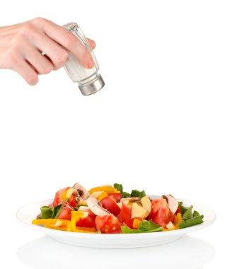 el ekleyerek tuz tuz shaker üzerinde beyaz izole kullanarak