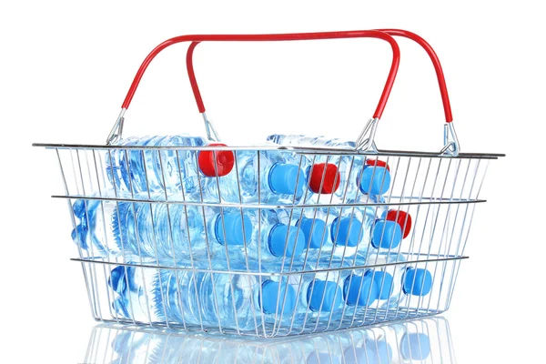 Plastic bottles of water in metal basket isolated on white — Stock Photo, Image