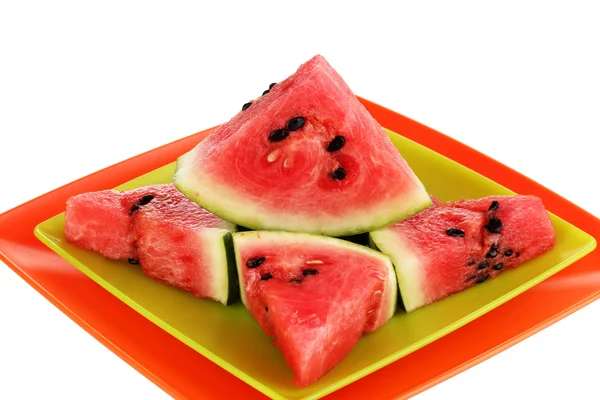 Sweet watermelon slices on plates isolated on white — Stock Photo, Image