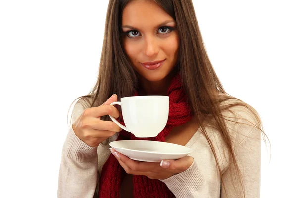 Beautiful young woman with cup of coffee, isolated on white — Stock Photo, Image