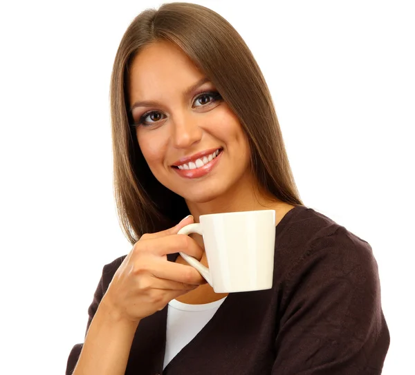 Hermosa joven con taza de café, aislado en blanco —  Fotos de Stock