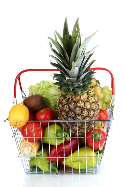 Fresh vegetables and fruits in metal basket isolated on white — Stock Photo, Image