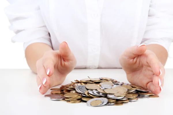 Woman hands with coins, close up — Stock Photo, Image