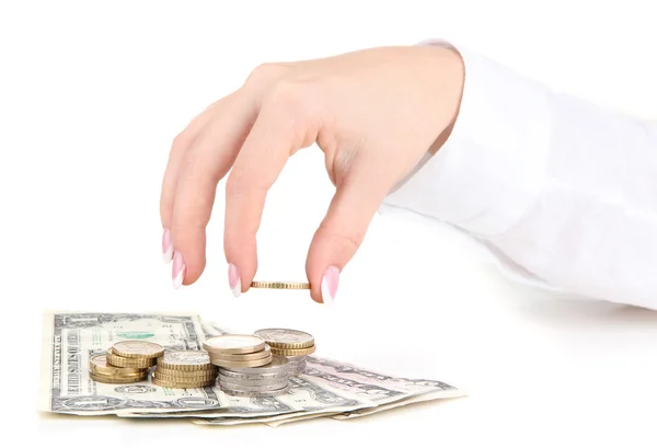 Γυναίκα χέρι με χρήματα, που απομονώνονται σε λευκό — Φωτογραφία Αρχείου