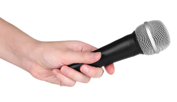 Черный микрофон в руке изолирован на белом — стоковое фото
