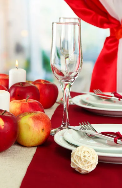 Beautiful holiday table setting with apples, close up — Stock Photo, Image