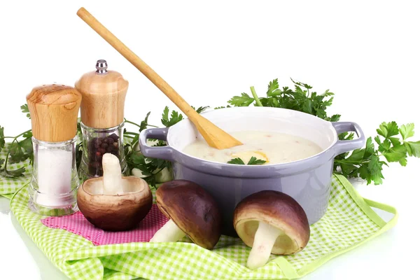 Mashed potatoes in saucepan with ingredients isolated on white — Stock Photo, Image