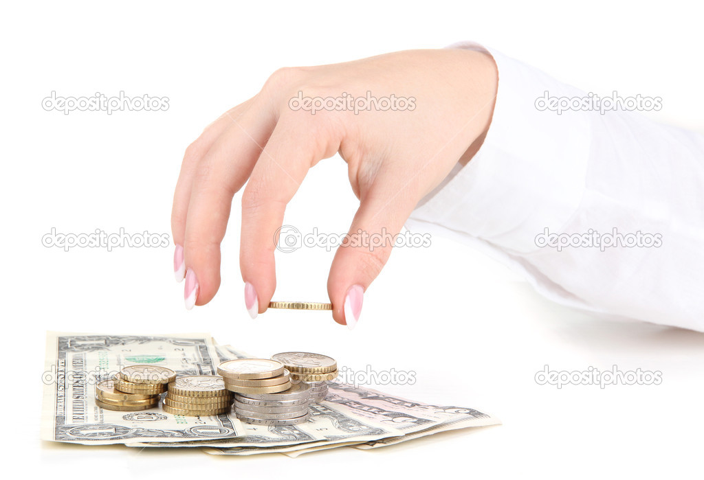 Woman hand with money, isolated on white
