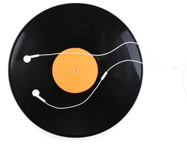 Black vinyl record and headphones isolated on white — Stock Photo, Image