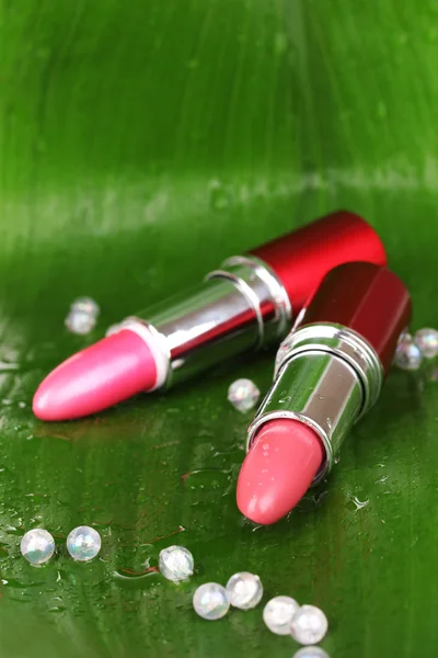 Lipsticks on green leaf close-up — Stock Photo, Image