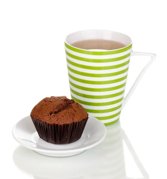 Fresh muffin with tea isolated on white — Stock Photo, Image