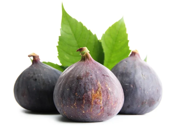 Ripe sweet figs with leaves isolated on white — Stock Photo, Image