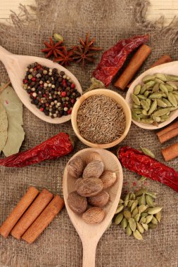 Küçük Hindistan cevizi ve diğer baharatlar çul zemin üzerine