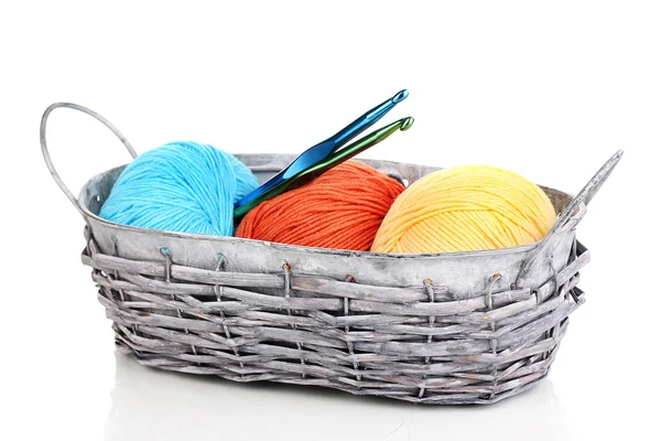 Bright threads for knitting in basket isolated on white — Stock Photo, Image