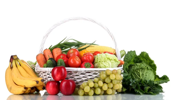 Composition with vegetables and fruits in wicker basket isolated on white — Stock Photo, Image