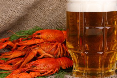 lezzetli haşlanmış crayfishes ve çul arka masada bira