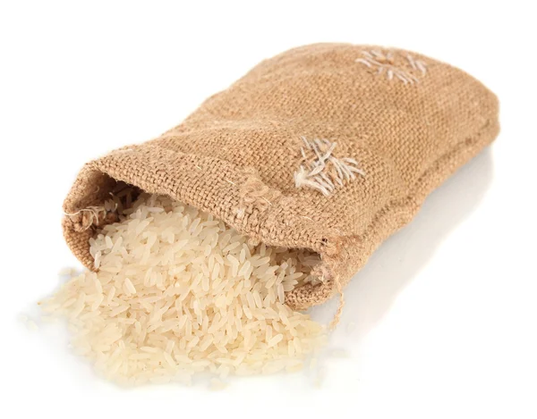 Stoffbeutel mit Reis isoliert auf weiß — Stockfoto