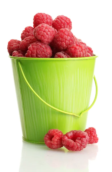 Ripe raspberries in bucket, isolated on white — Stock Photo, Image
