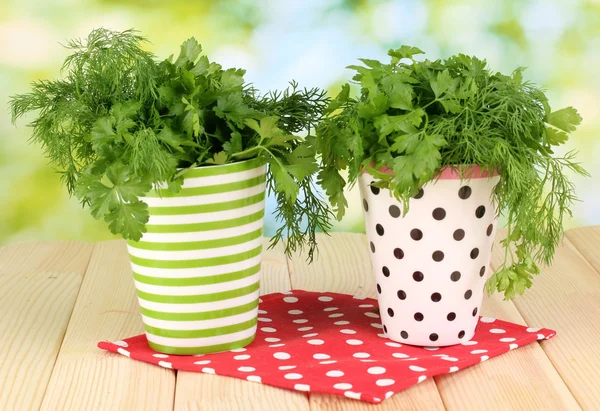 Two colorful pots with parsley and dill on wooden table on natural background — Stock Photo, Image