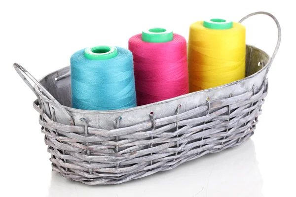 Bright threads in basket isolated on white — Stock Photo, Image