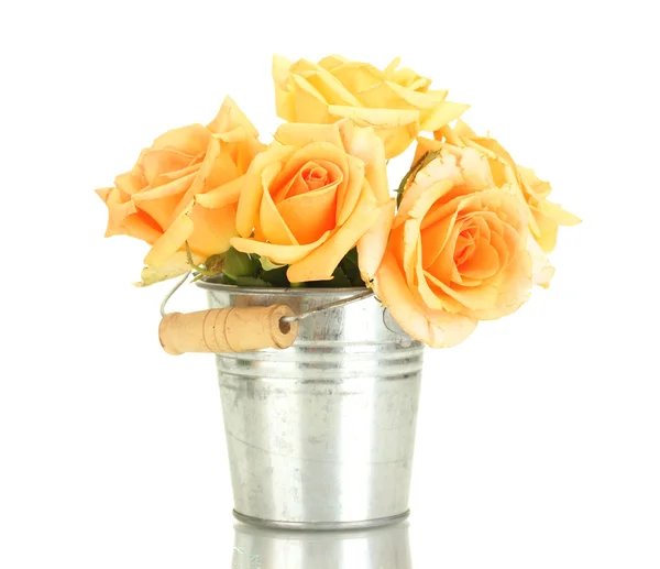 Beautiful bouquet of roses in bucket isolated on white — Stock Photo, Image