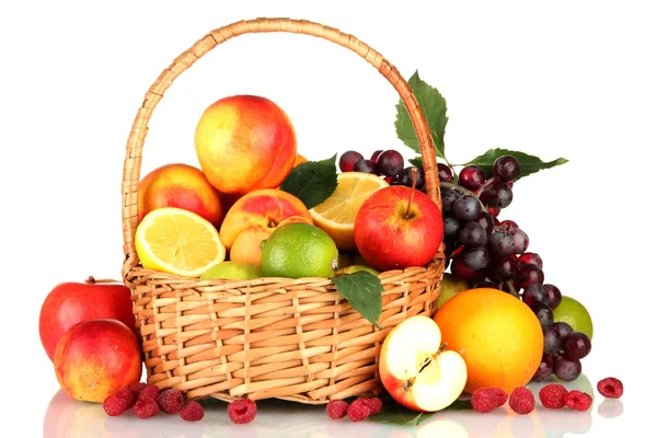 Assortment of exotic fruits in basket, isolated on white — Stock Photo, Image