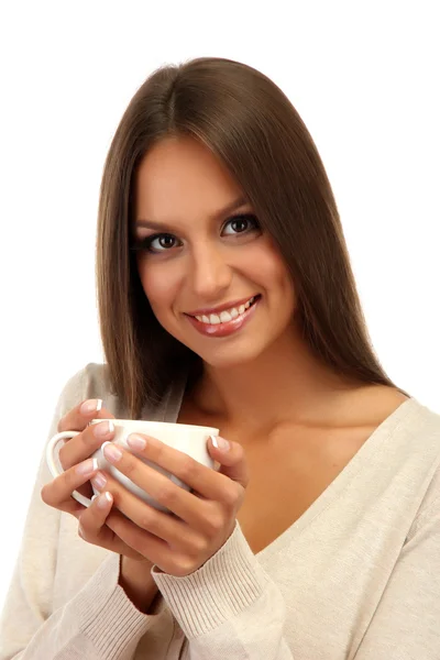 Hermosa joven con taza de café, aislado en blanco — Foto de Stock