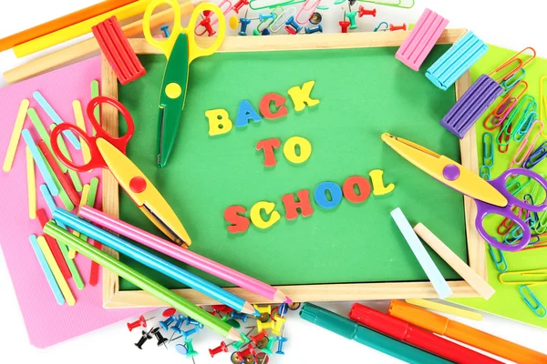 Small chalkboard with school supplies on white background. Back to School — Stock Photo, Image