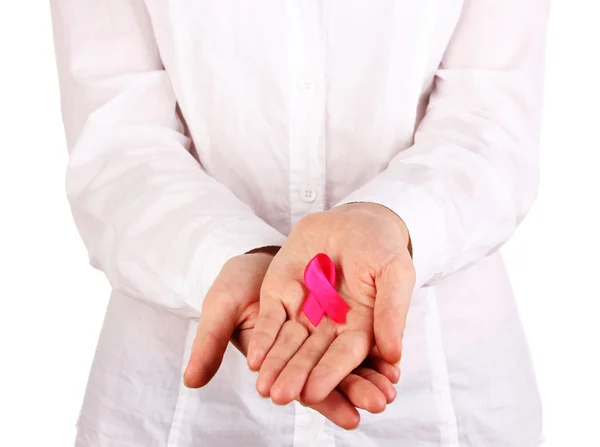 Mulher com fita rosa em mãos isoladas em branco — Fotografia de Stock