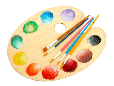 ahşap sanat palet boya ve fırça üzerinde beyaz izole