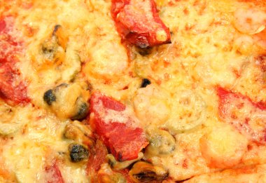 lezzetli pizza ile karides ve midye yakın çekim